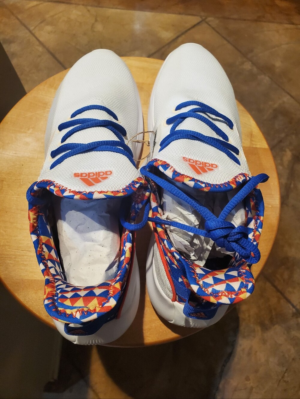 adidas Women's White Sneakers with Royal Blue Laces & Multicolor Geometric Trim